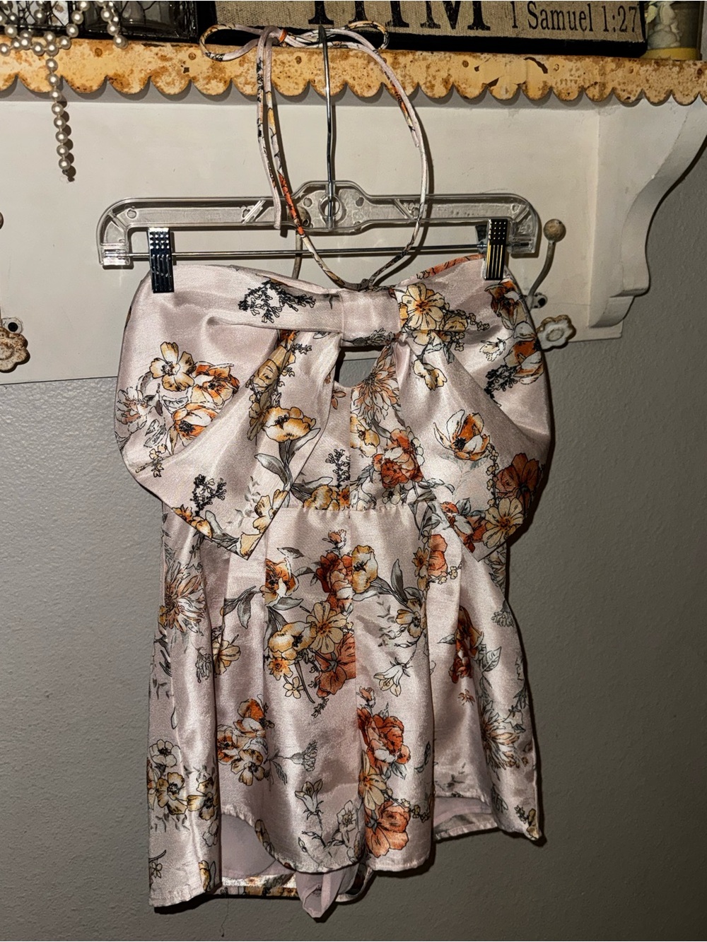 Buddy Love Floral Satin Romper in Blush Pink